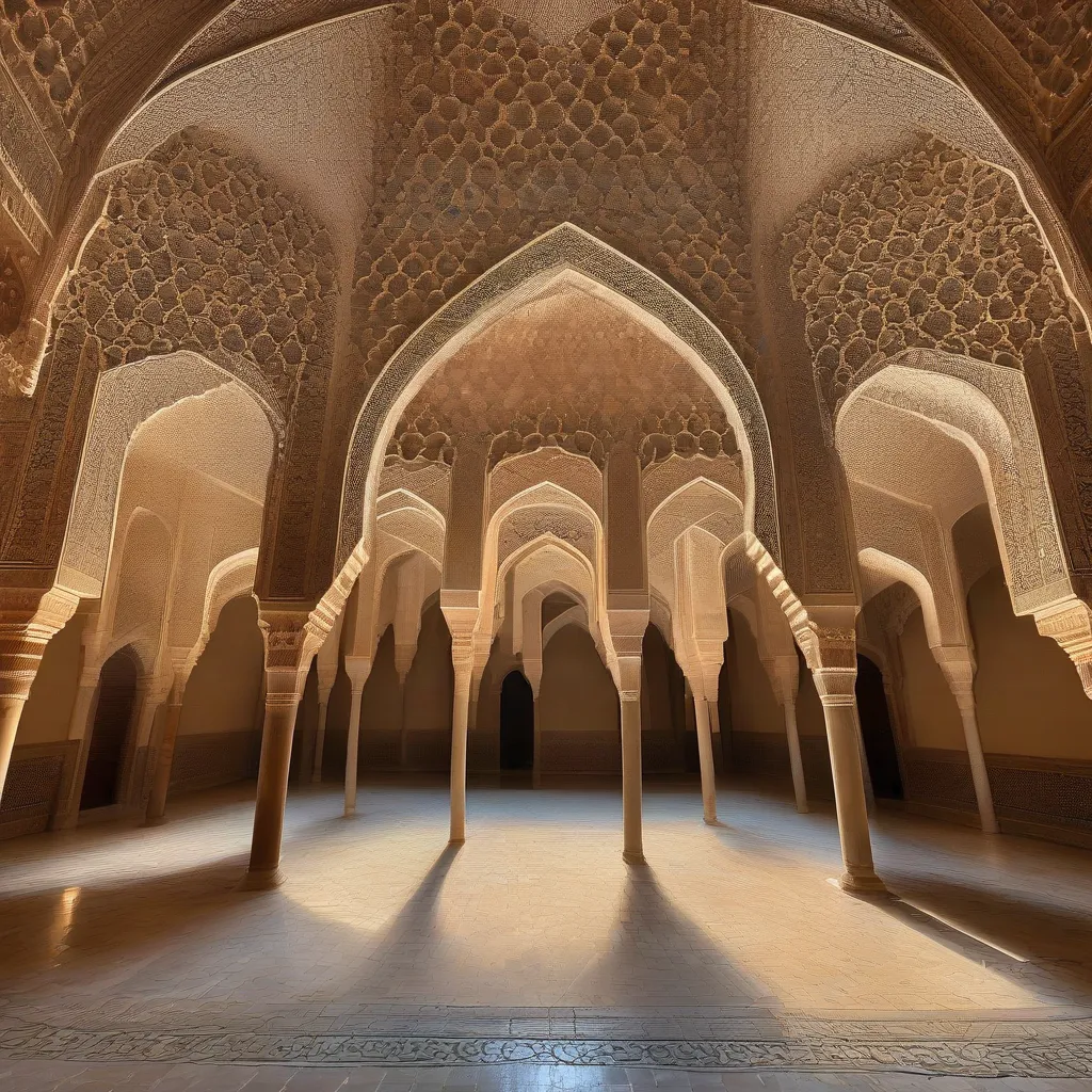 A photo showcasing the intricate muqarnas vaulting in the Alhambra Palace, Granada, Spain.