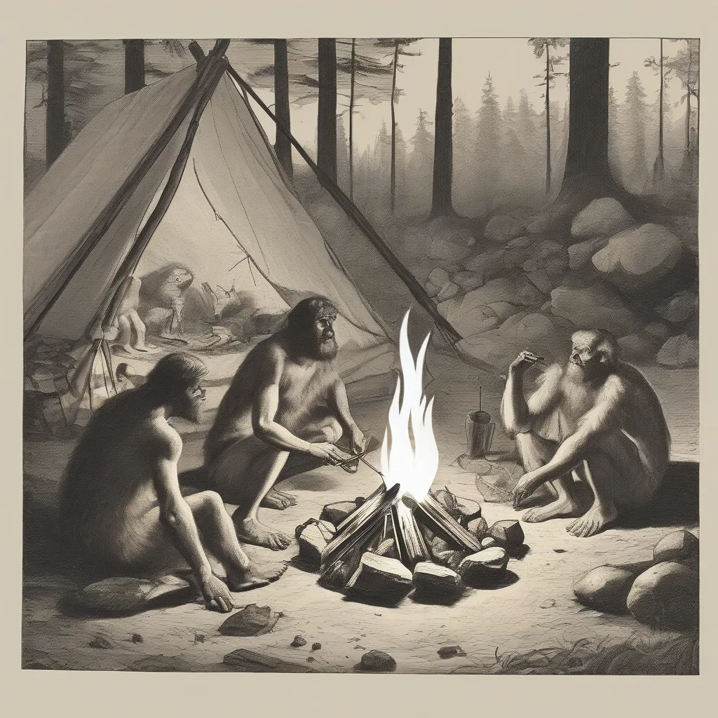 Depiction of early humans discovering glass near a campfire.