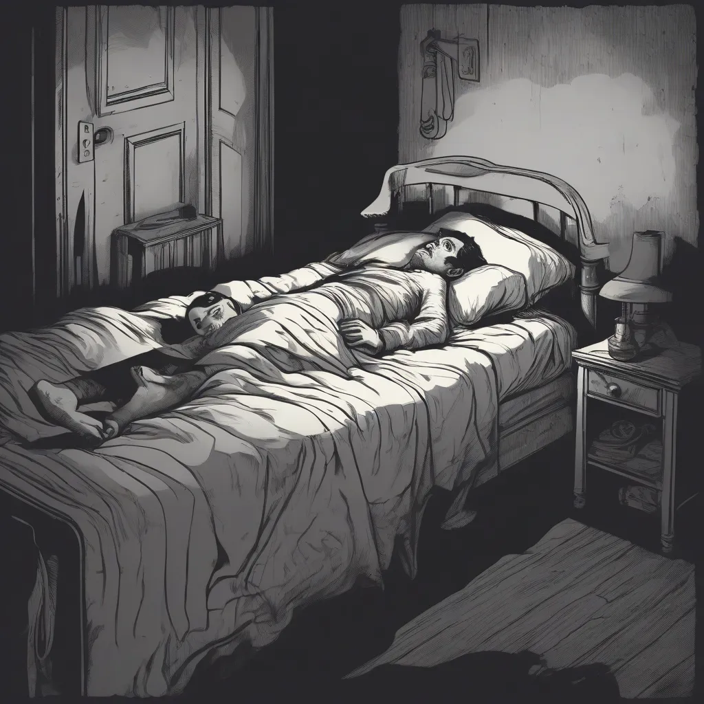 A person lying in bed, eyes open, looking scared with a shadowy figure standing over them.