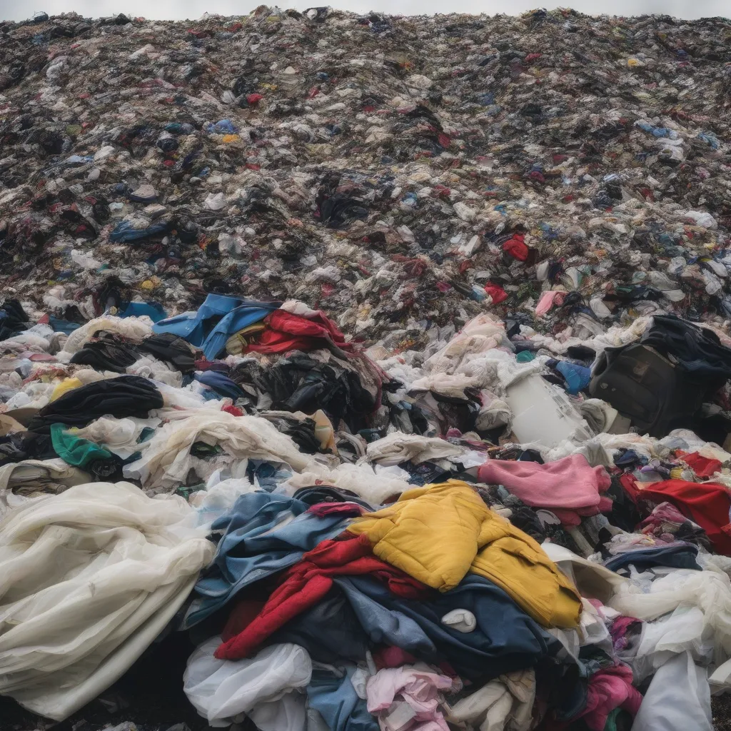 A landfill overflowing with discarded clothing