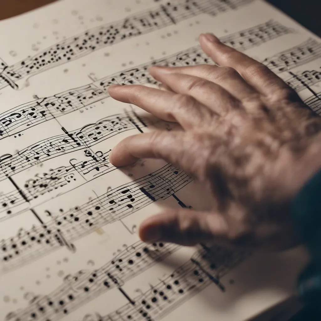 A close-up of a hand reading a Braille music score.