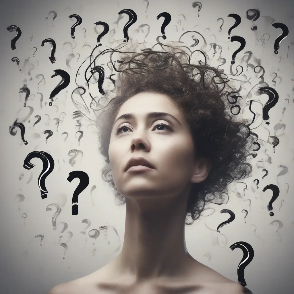 A person with a halo above their head and question marks swirling around