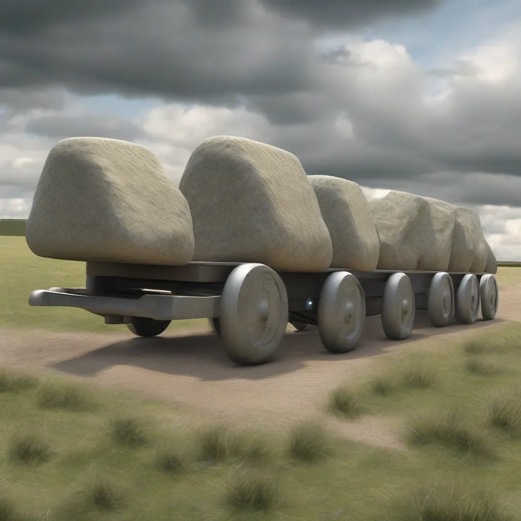 A digitally rendered image depicting how the Sarsen stones might have been transported to Stonehenge using rollers and manpower.
