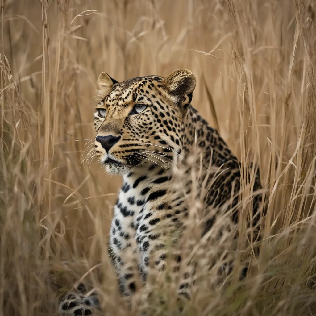 A picture of a Leopard sitting in tall grass, showcasing crypsis camouflage.