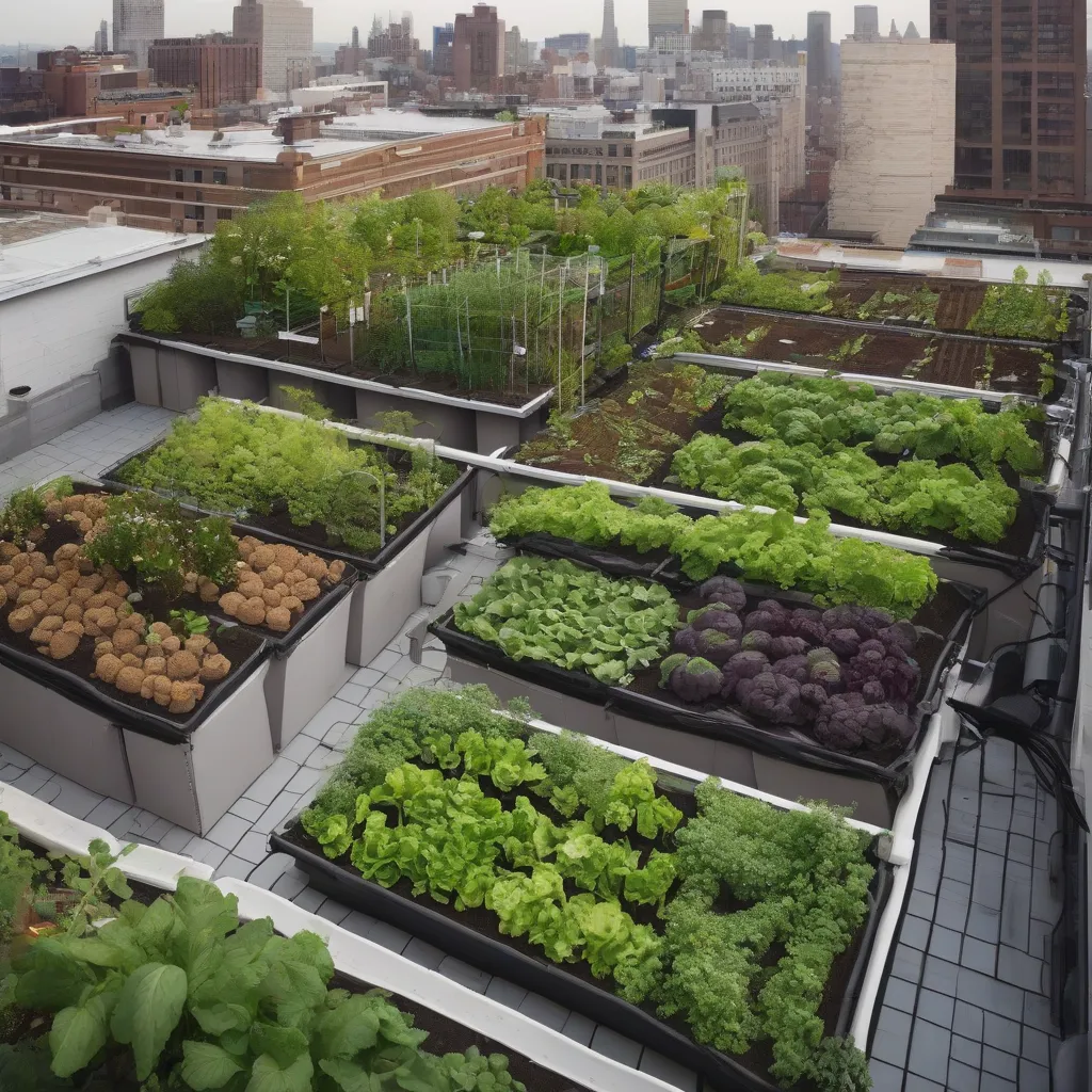 A rooftop garden in a city with various vegetables growing.