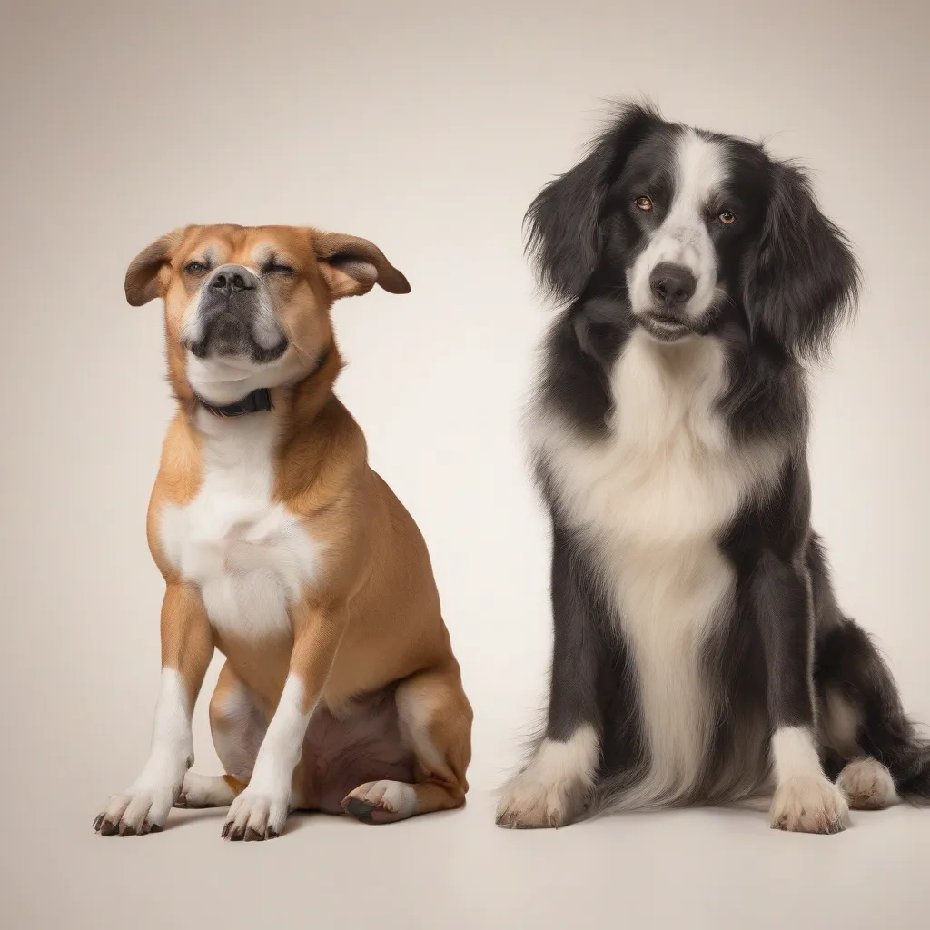 A side-by-side comparison image showing a relaxed dog and a stressed dog, highlighting key differences in their body language.