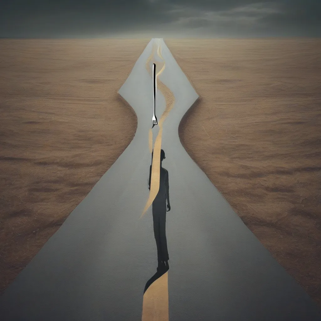 A person standing at a fork in a road, symbolizing the concept of choice and free will.