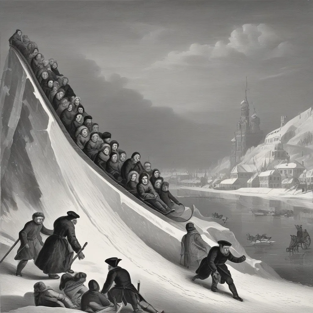 A black and white illustration of people riding down an ice slide in 18th century Russia.